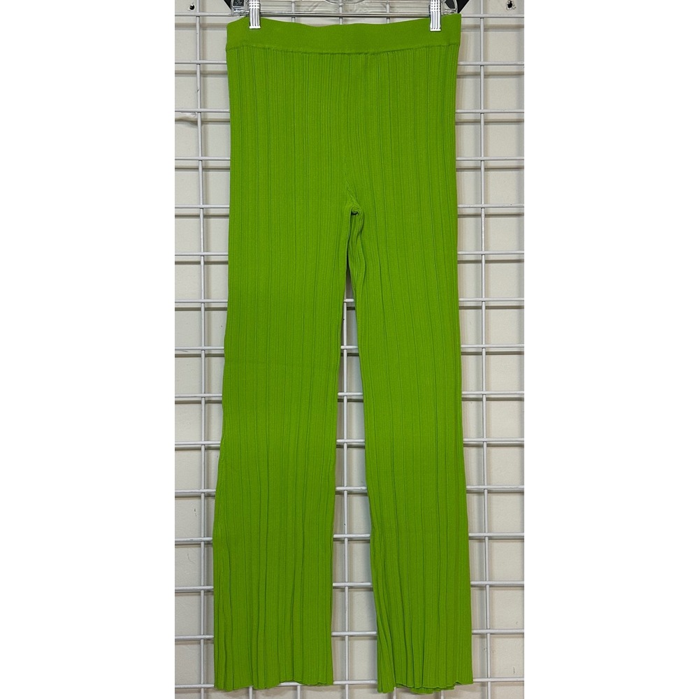 ZARA Ribbed Stretch Knit Flared Women's pants bright/lime green size large NWT - Picture 3 of 8